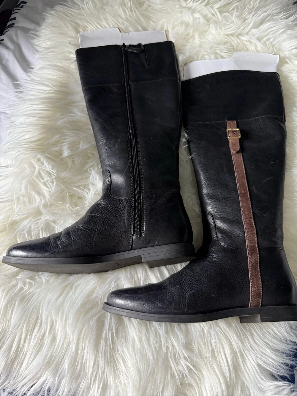 Cole Haan Black Leather Over-The-Knee Boots with Brown Strap